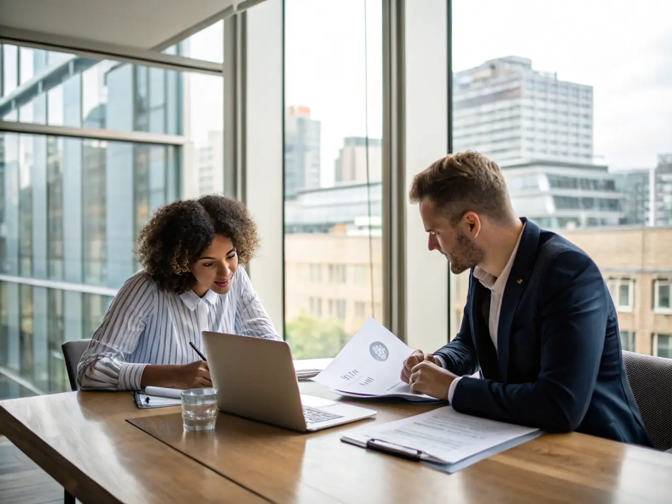 A professional business executive in a modern office setting, engaged in a one-on-one coaching session with a PeakUK coach, focusing on strategic planning and leadership development.