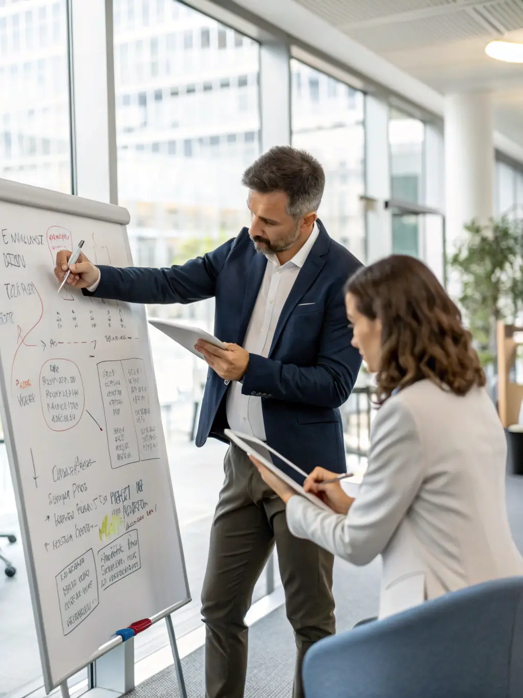 A coach guiding an executive through a decision-making process, using visual aids and data analysis.
