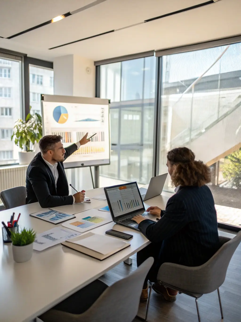 A professional coach working with a CEO in a modern London office setting, discussing strategies over a laptop, with a view of the city skyline in the background.