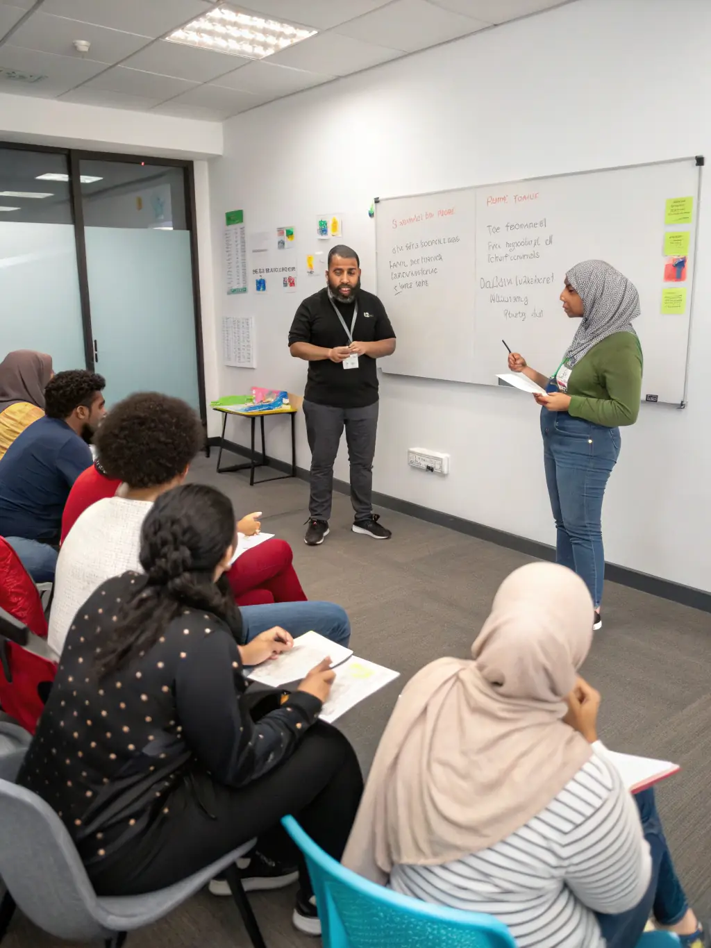 A group of professionals in a leadership training session in a conference room in Birmingham, with a facilitator leading an interactive exercise.