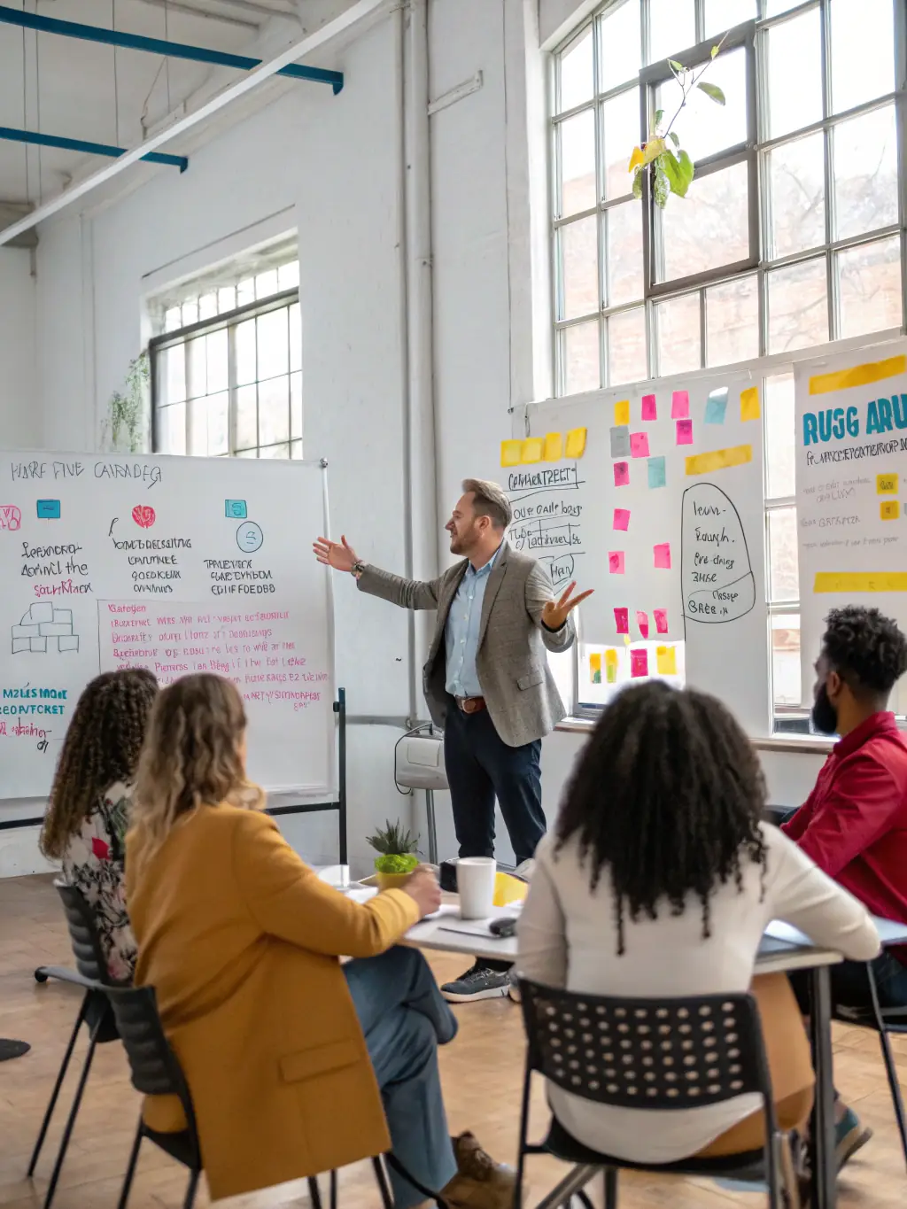 A coach giving a presentation about business strategy to a group of young entrepreneurs in a co-working space in Bristol.