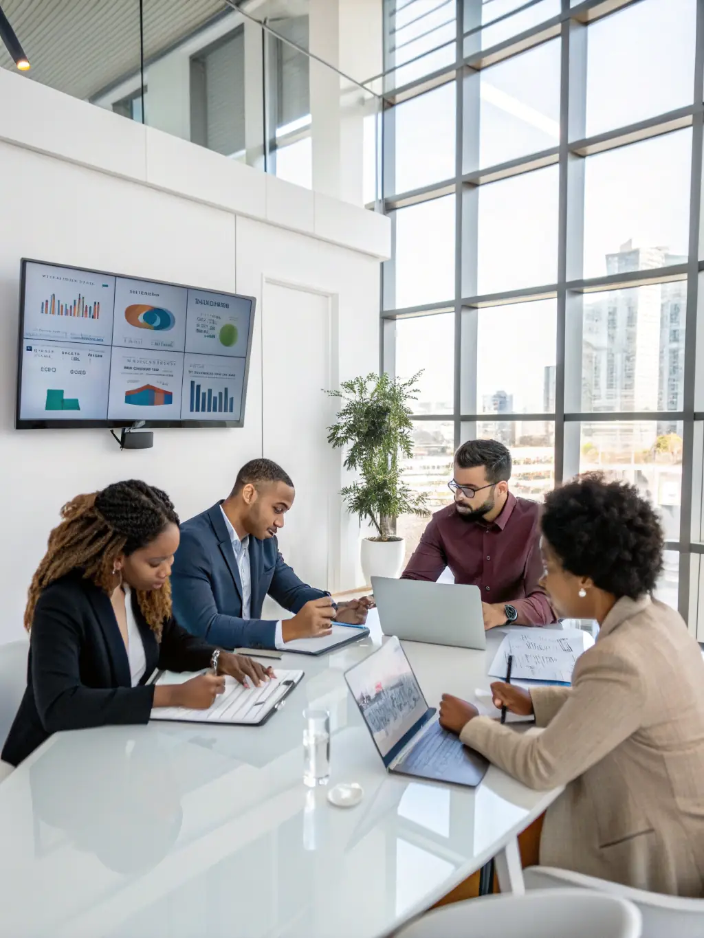 A diverse team of professionals collaborating around a table, brainstorming ideas and fostering team cohesion in a bright, modern office space in Manchester.