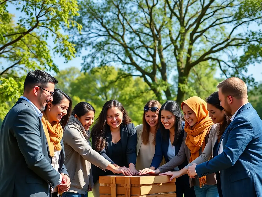 A diverse team of professionals participating in a team-building exercise during a PeakUK Team Development Program, fostering collaboration and communication.