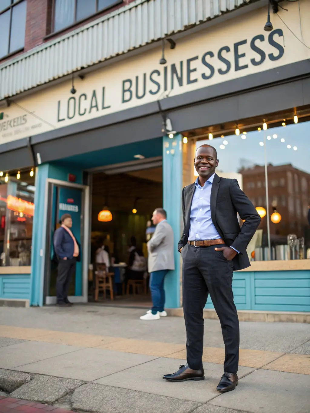 A successful entrepreneur standing in front of their thriving business, showcasing growth and achievement after receiving coaching, set against the backdrop of Edinburgh.
