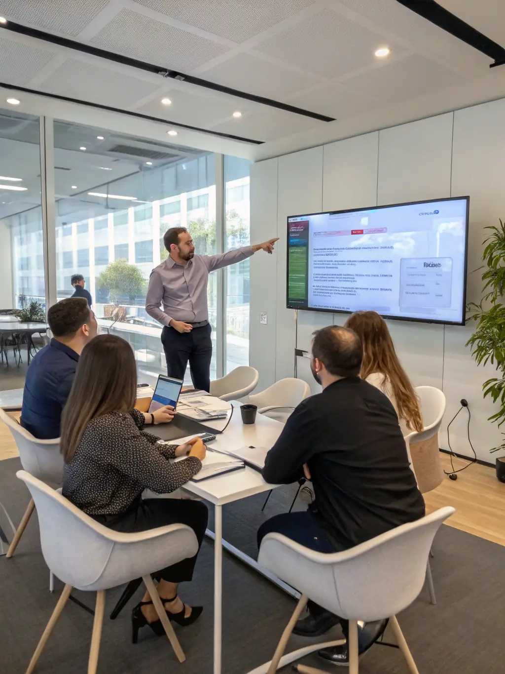 A dynamic workshop setting with participants actively engaged in discussions and activities, led by a skilled facilitator in a conference room in Birmingham.