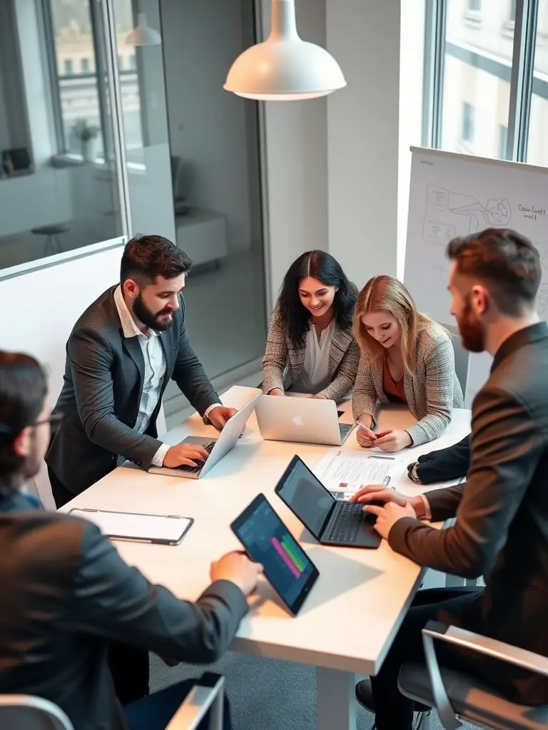 A diverse team in a modern office in Manchester, engaged in a collaborative workshop facilitated by a coach, with brainstorming notes on a whiteboard.