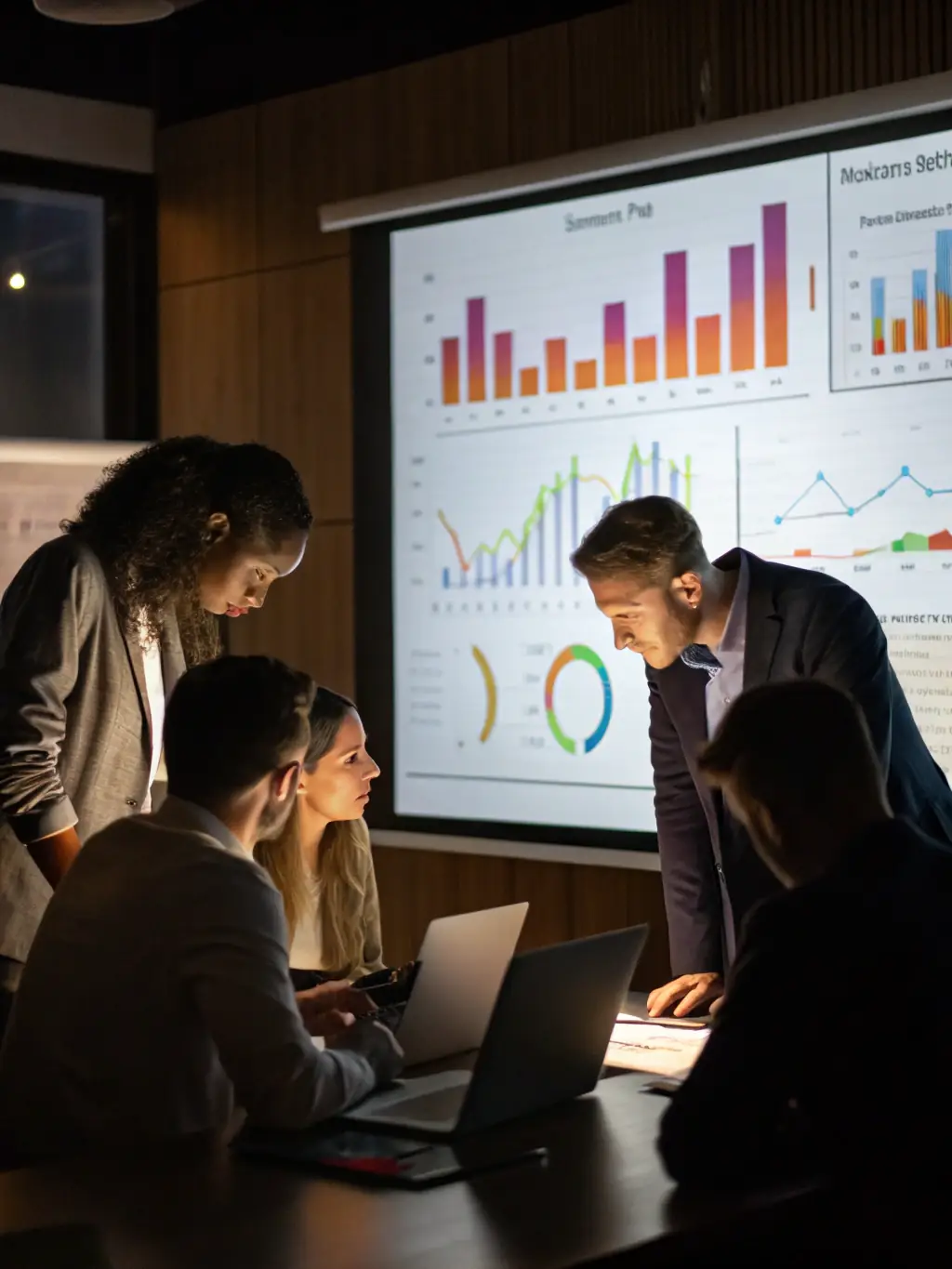 A focused business coach leading a strategy session with a team in a modern office, emphasizing collaboration and innovation.